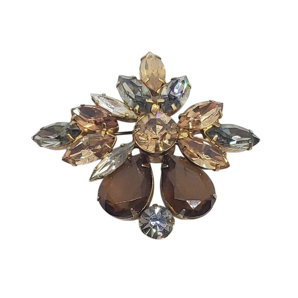 Vintage Rhinestone Brooch Topaz Citrine Brown Flower Fall Foul Open Back Swedge
